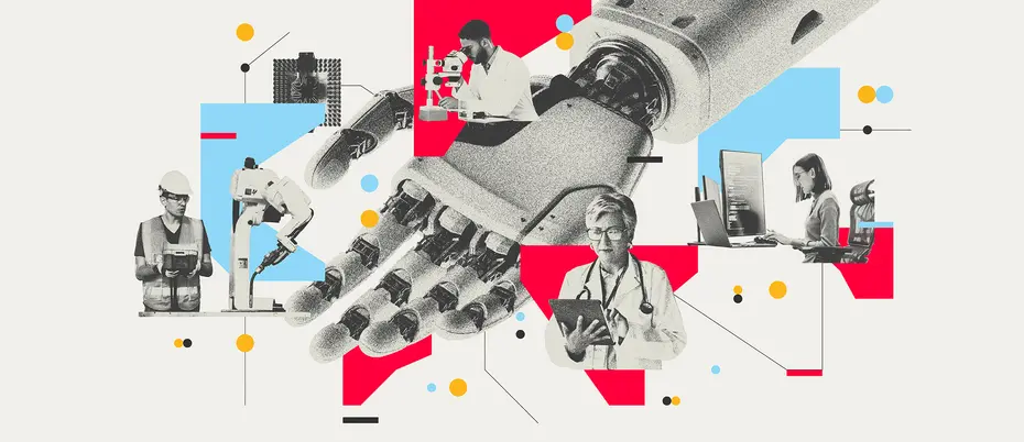 A robot hand with various professionals presented from industries ranging from healthcare, science, and manufacturing