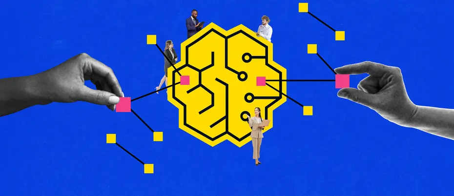 A photo illustration of business people around a brain, connecting points around an artificial intelligence network