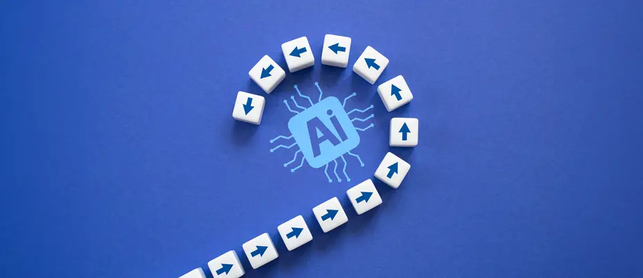 Various arrows in a line flowing towards an AI logo