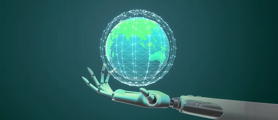 A robot hand holds a world globe
