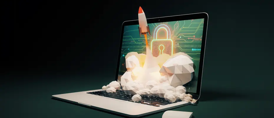 Rocket flies out of a laptop that has a cybersecurity graphic on the screen