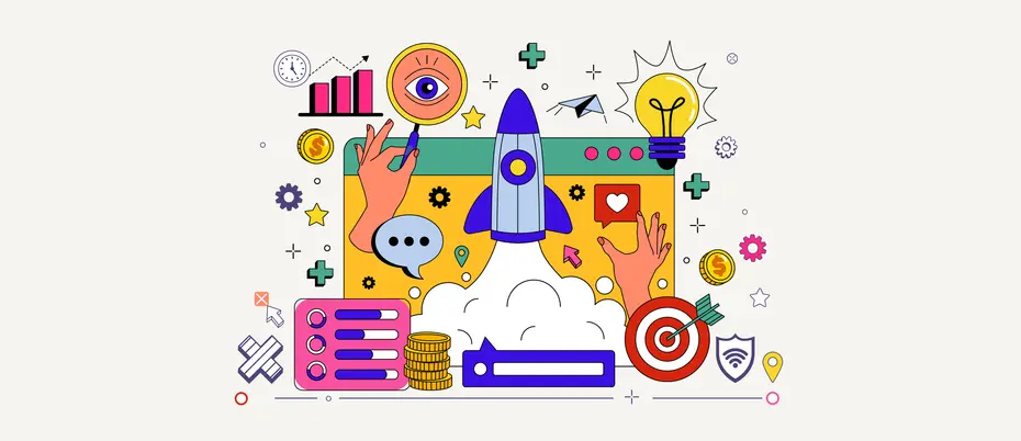 Business startup illustration featuring a rocket ship, charts, dart board, lightbulb, money, etc