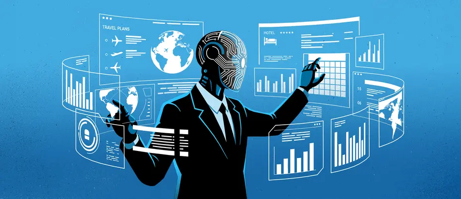 An AI agent multitasks various screens featuring charts, graphs, and travel arrangements