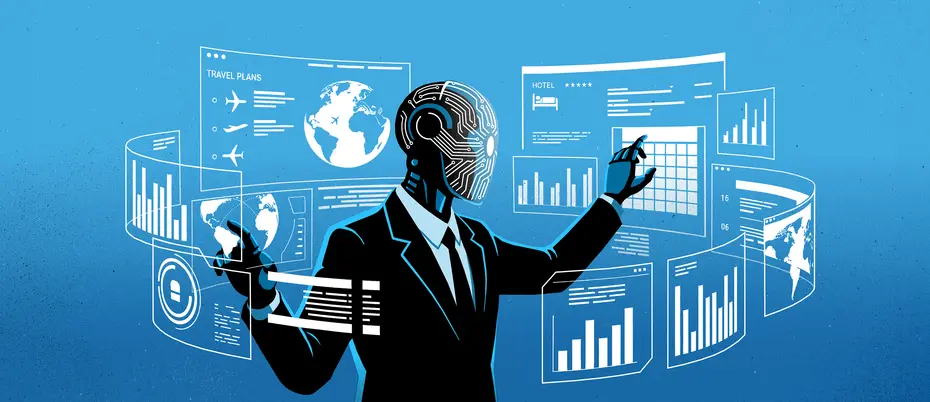 An AI agent multitasks various screens featuring charts, graphs, and travel arrangements