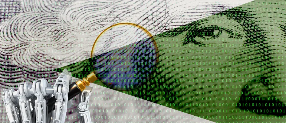 A robot hand holds a magnifying glass at a dollar bill made of binary code