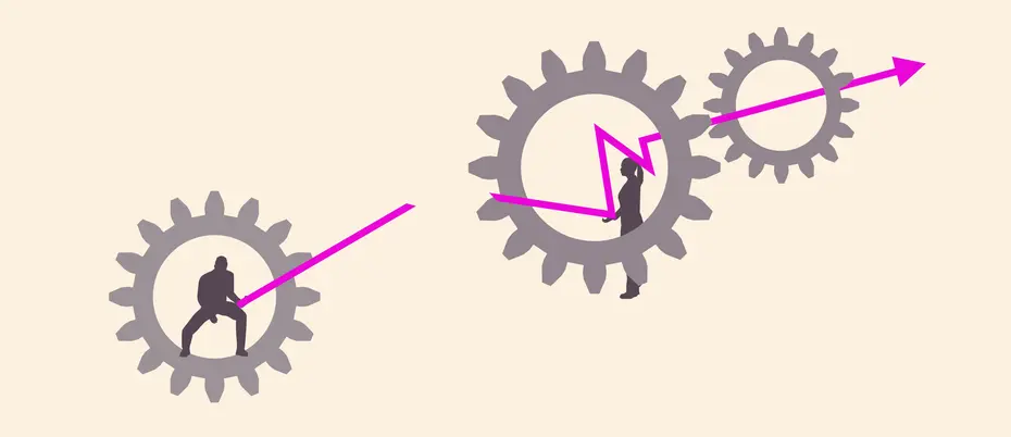 A set of cogwheels has been broken and two people try to relink it.