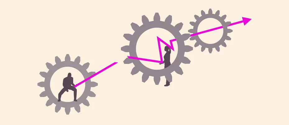 A set of cogwheels has been broken and two people try to relink it.