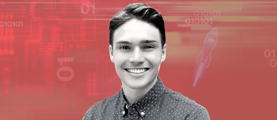 Portrait of Jarrett Heflin with a digital background containing binary code and a rocket