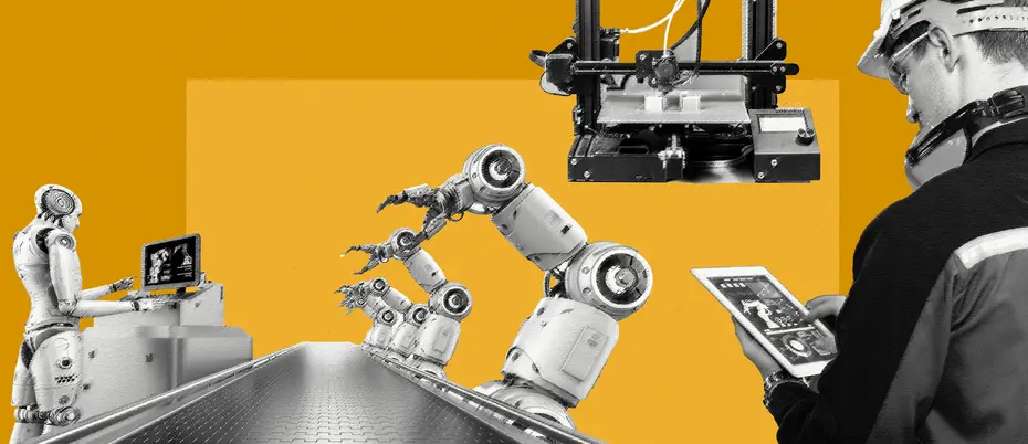 New manufacturing imagery: A robot manages an automation; a 3D printer; a worker uses a tablet with a robot arm on the screen