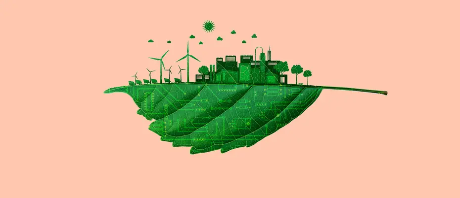 Leaf with city and windmills growing above graphic