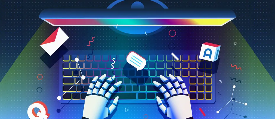 Robot hands typing on a computer