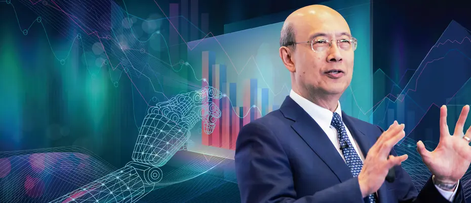 Andrew Lo presenting with AI financial imagery in the background