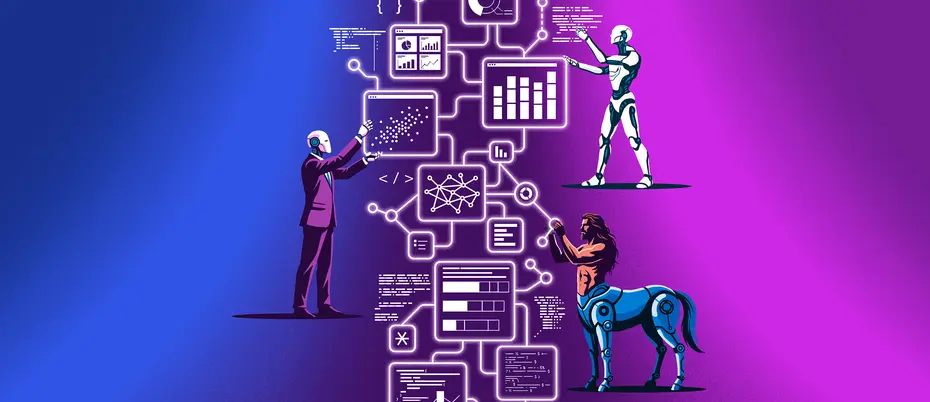 An AI agent, cyborg, and centaur manipulate data in an algorithm
