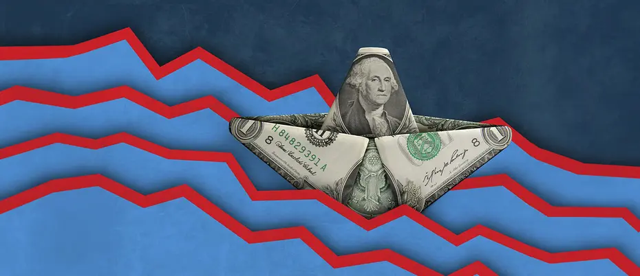 A dollar bill paper boat floats amid turbulent waters