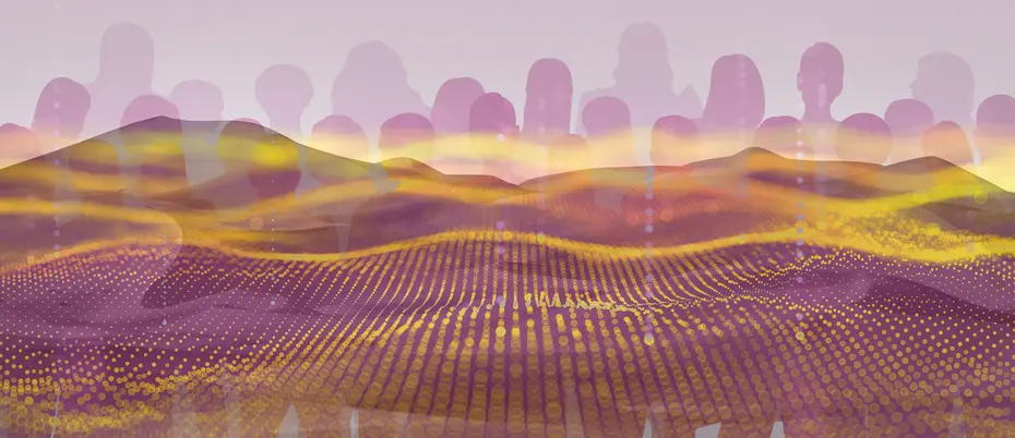 silhouettes of people underneath an algorithmic desert graphic