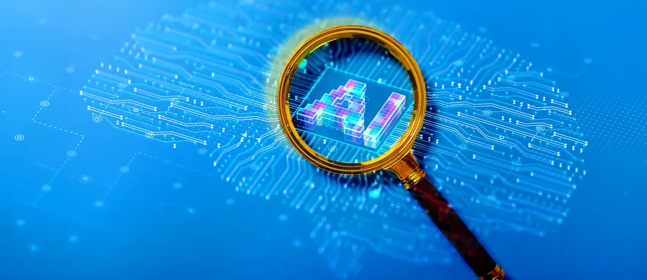 A magnifying glass views the letters "AI" and a circuit board