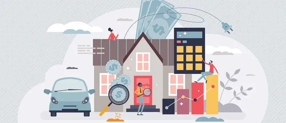 Energy bills and expensive payment for house utilities tiny person concept. High cost for heating, electricity and water consumption vector illustration. Financial budget calculation and rising prices