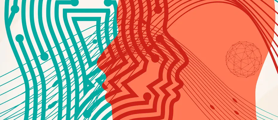 Side view silhouettes of the head of a man and robot.