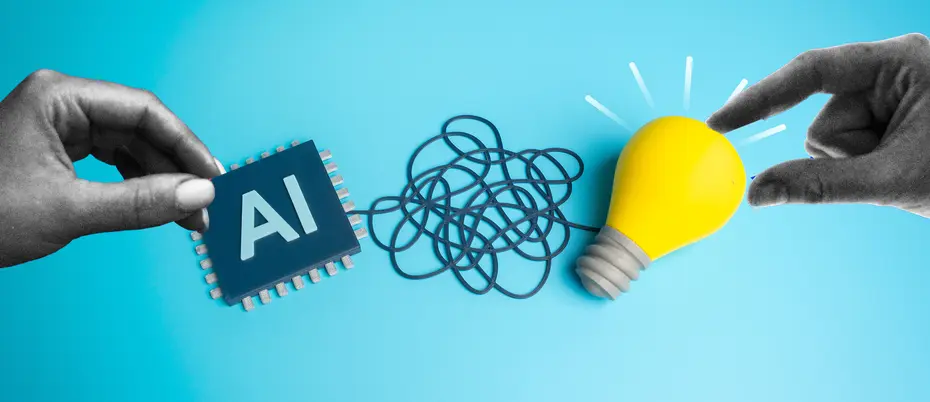 A long wire is between an AI chip and a lightbulb