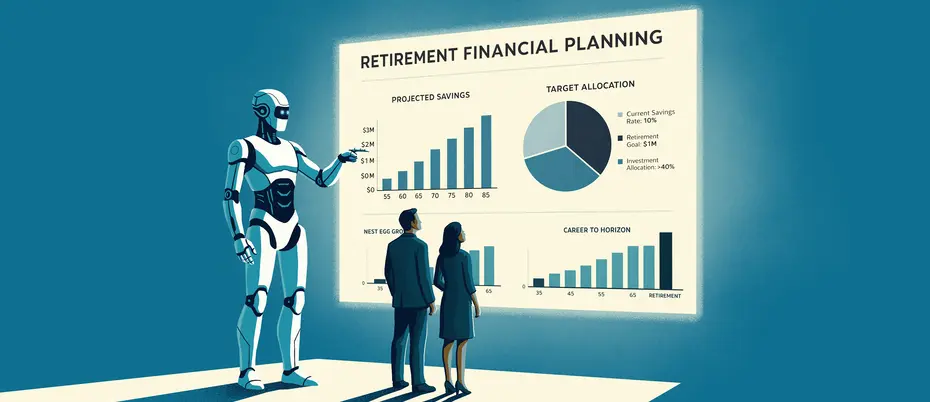 A robot shows retirement financial planning graphics on a screen to two people