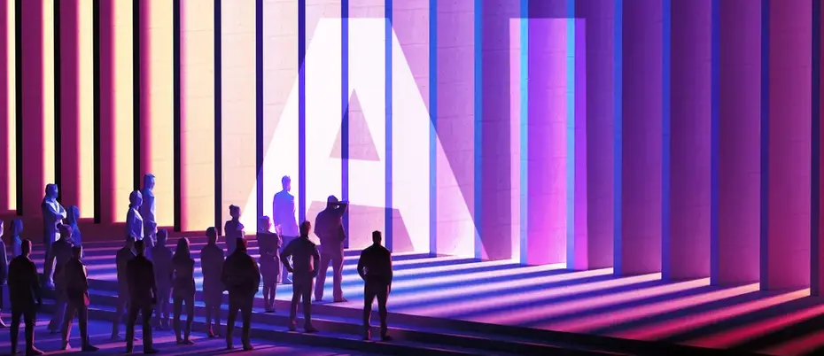 A group of business people look at a wall made up of panels with the letters "AI" on it