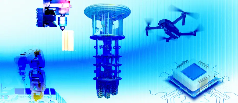 Various technologies including a quantum computer, a 3D printer, a drone, a microchip, and a manufacturing robot arm