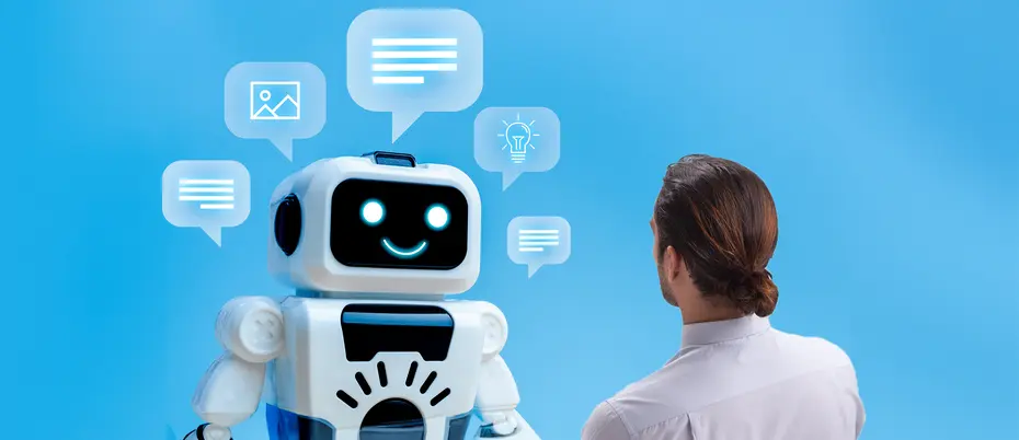 A person talks to a robot with many speech bubbles
