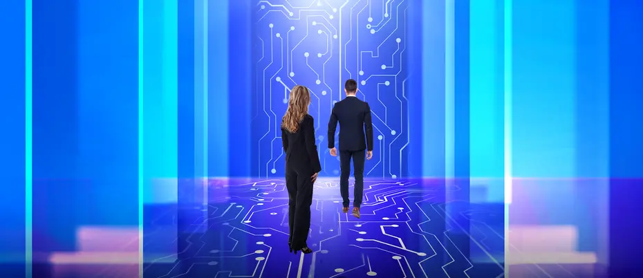Two business people walk through a hallway that looks like a circuit board