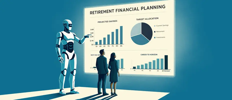 A robot shows retirement financial planning graphics on a screen to two people