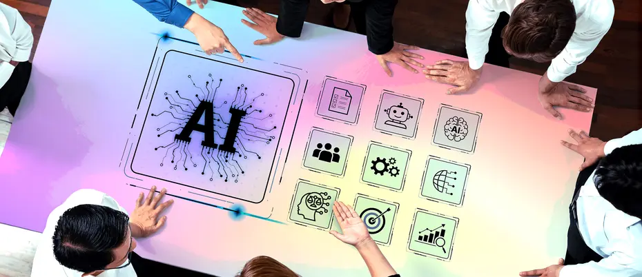 Employees surround a table with various AI graphics