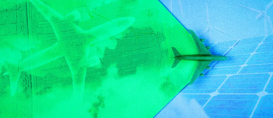 An airplane flies across the green sky, revealing the new green technology like solar and green aviation fuel