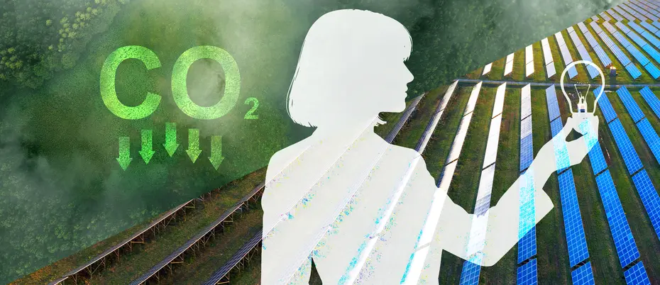 A person looks at a lightbulb, while half of the background is covered in solar and the other half is trees with the symbol of CO2 emissions decreasing