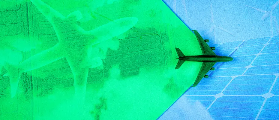 An airplane flies across the green sky, revealing the new green technology like solar and green aviation fuel