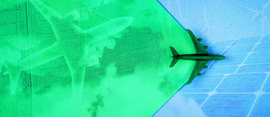 An airplane flies across the green sky, revealing the new green technology like solar and green aviation fuel