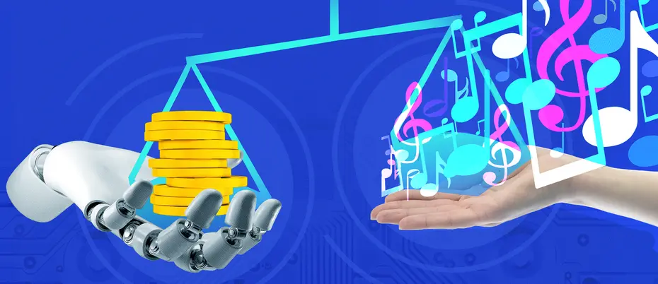 A robot holding coins and a human holding music notes balance out a scale