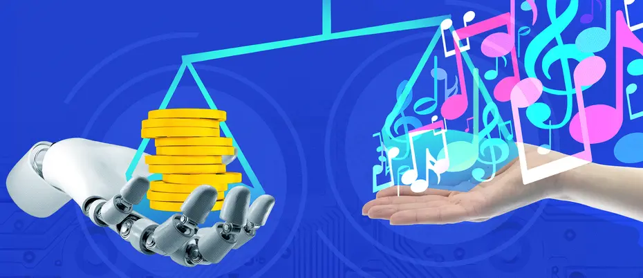 A robot holding coins and a human holding music notes balance out a scale