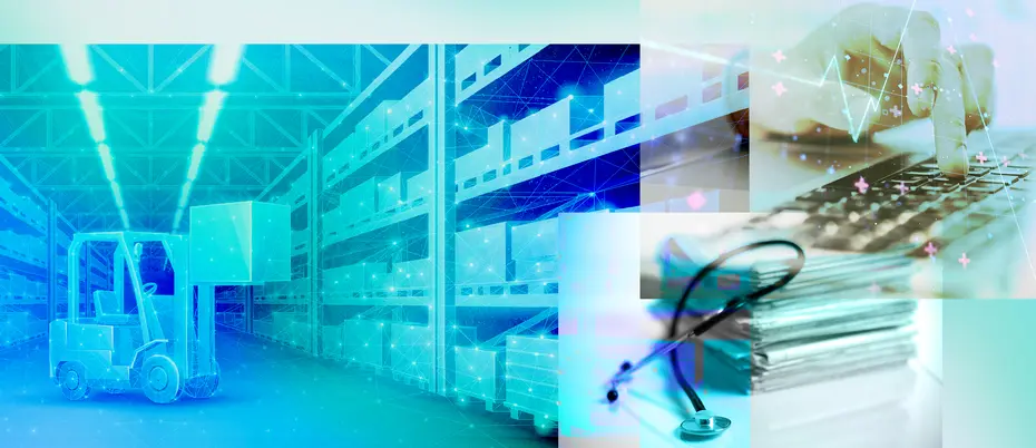 A collage of a warehouse, person using a computer keyboard with vital signs superimposed, and a stack of papers with stethoscope