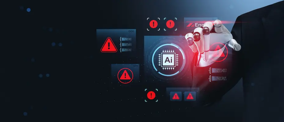Robotic hand interacts with AI interface surrounded by digital error alerts, glowing holograms and warning icons on a dark futuristic background