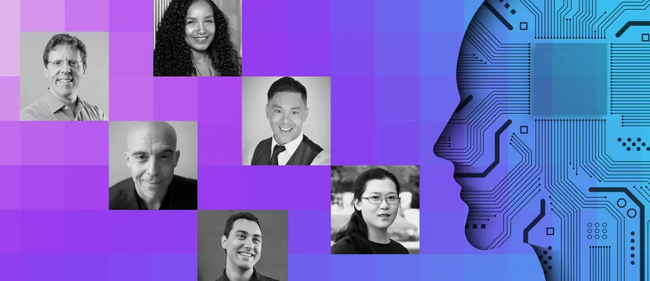 AI circuit board imagery with MIT AI experts: Renée Richardson Gosline, Neil Thompson, Sinan Aral, Eric So, Peyman Shahidi, and Zezhen (Dawn) He