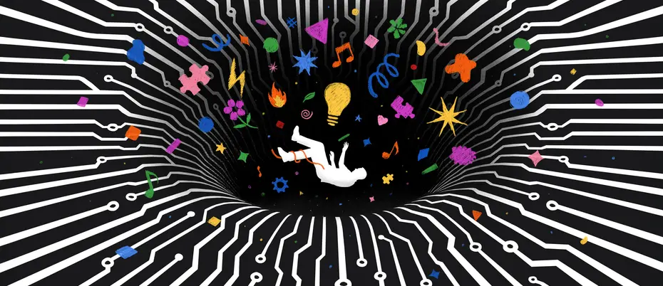 A person and various colorful symbols (lightbulb, fire, puzzle pieces, etc.) fall into a dark hole in a circuit board vortex