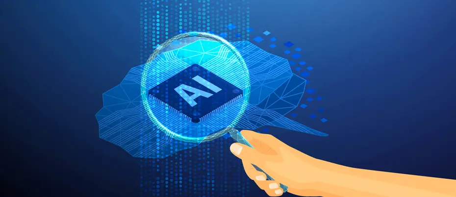 A person holds a magnifying glass up to AI imagery