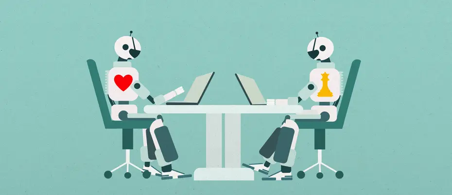 Two robots do work across from each other; one wears a heart and the other wears a queen chess piece