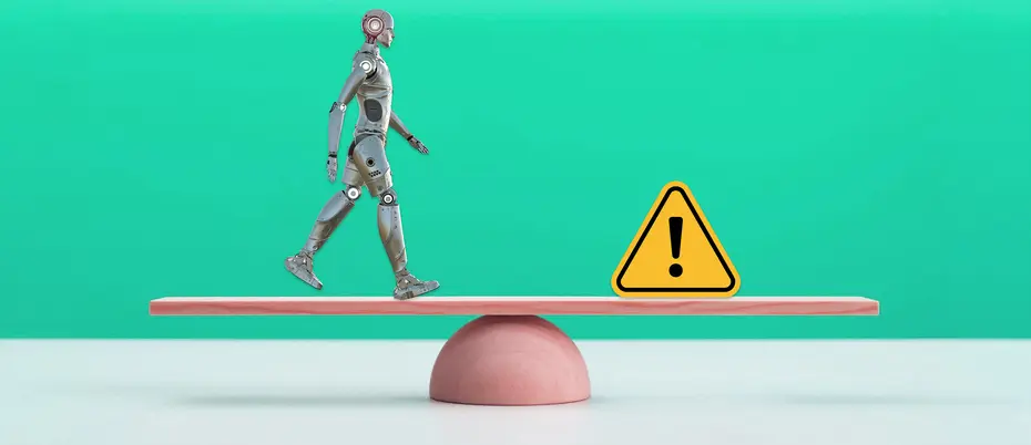 A robot and a warning sign are on opposite sides of a seesaw
