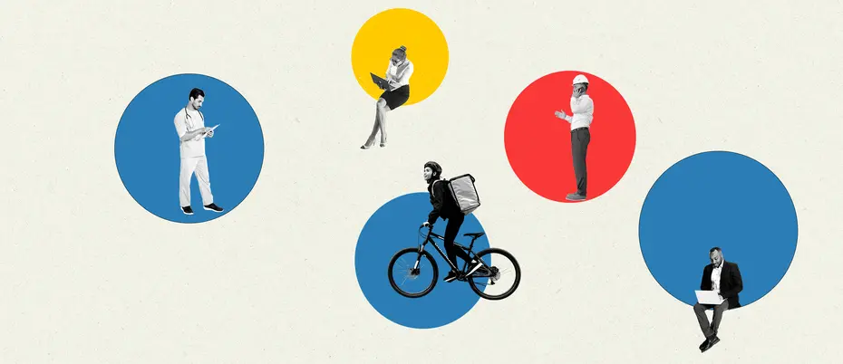 Collage of various contract and gig workers in their individual bubbles