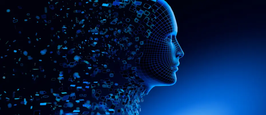 Digital Transformation: AI Artificial Intelligence in Human Face Head.