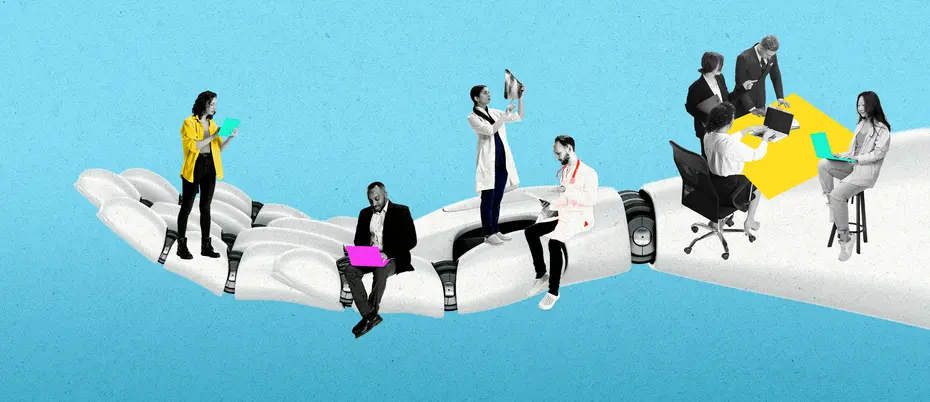 Various workers on top of a robot hand
