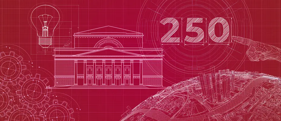 A collage with the number '250,' an ornate building, a lightbulb, gears, and a globe