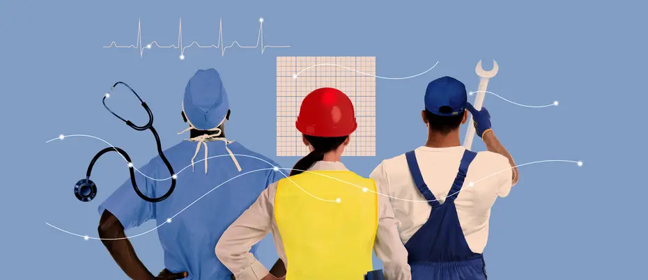 A collage of a doctor, engineer, and electrician with their tools and digital imagery