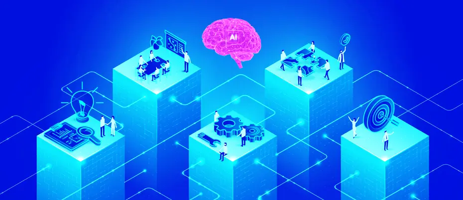 An AI brain symbol is shown on top of various aspects of an organization 