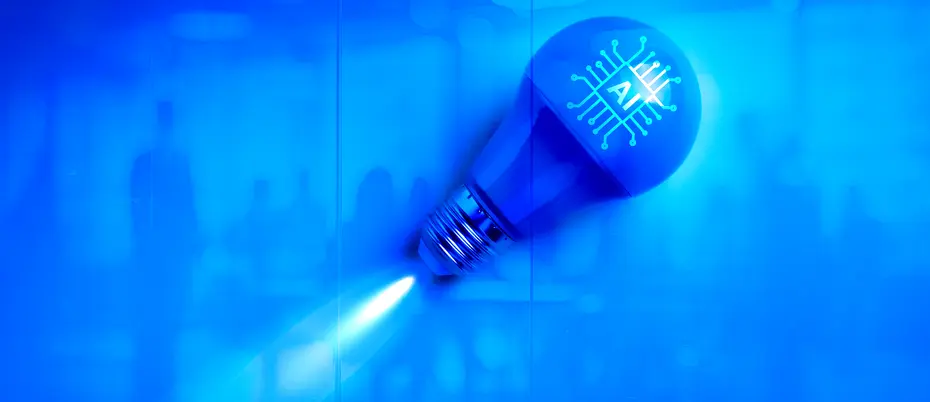 A glowing light bulb with AI circuit symbol launches with a company boardroom in the background